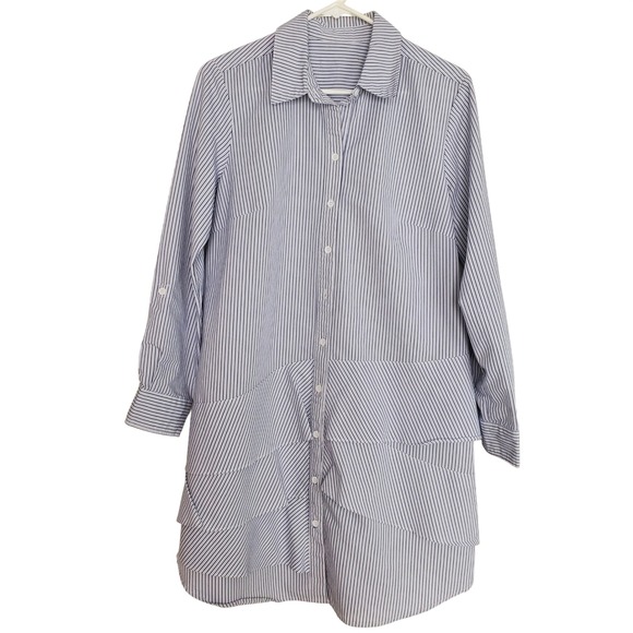 Dresses & Skirts - Hope & Harlow Menswear Inspired Shirt Dress Tiered Ruffles White Blue Striped 10